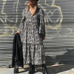 [ZARA] Black Floral Print Ruffle Hem Tiered Boho Midi Dress Ruffle Size Large L